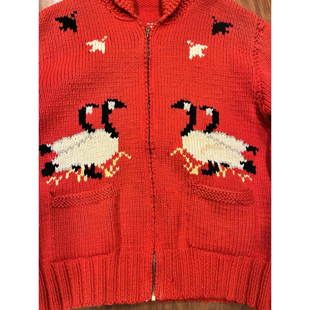 VINTAGE 50s Goose Cowichan 100% Wool Zip Cardigan Sweater Mary Maxim Red - Picture 3 of 16
